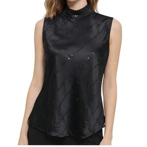 Y2K Vintage Planet Lauren G Silk Sequin Blouse Large Sleeveless‎ Mock Neck Top